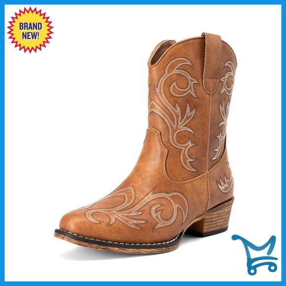 Shoes - Women's Western Ankle Boots Square Toe Chunky Heel Embroidered Zipper